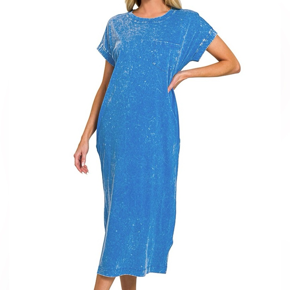 NWT Zenana Ocean Blue Acid Wash Short Sleeve Midi Length T-Shirt Dress